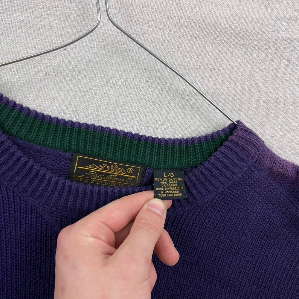 Eddie Bauer Crewneck Sweater Mens Large Purple Vintage 100% Cotton Ribbed Knit - Picture 3 of 5